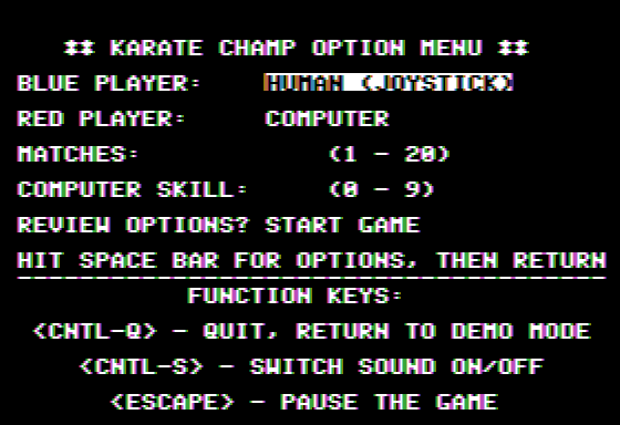 Karate Champ (Apple II) screenshot: Main menu / set game options