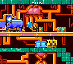 Liquid Kids (TurboGrafx-16) screenshot: About to be run over by a passing train