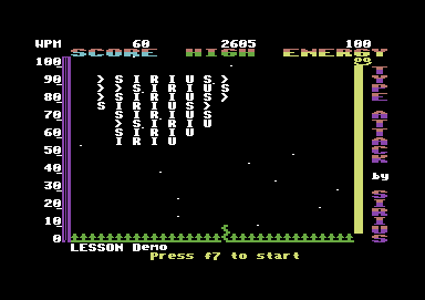 Type Attack (Commodore 64) screenshot: The demo suggests that Siruis commissioned the program from the start