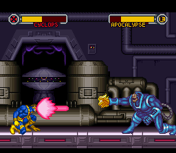 X-Men: Mutant Apocalypse (SNES) screenshot: Cyclops vs Apocalypse