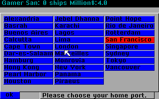 Ports of Call (DOS) screenshot: Setting your home port