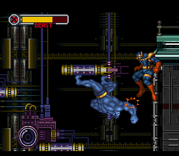 X-Men: Mutant Apocalypse (SNES) screenshot: Beast jumping from platform to platform