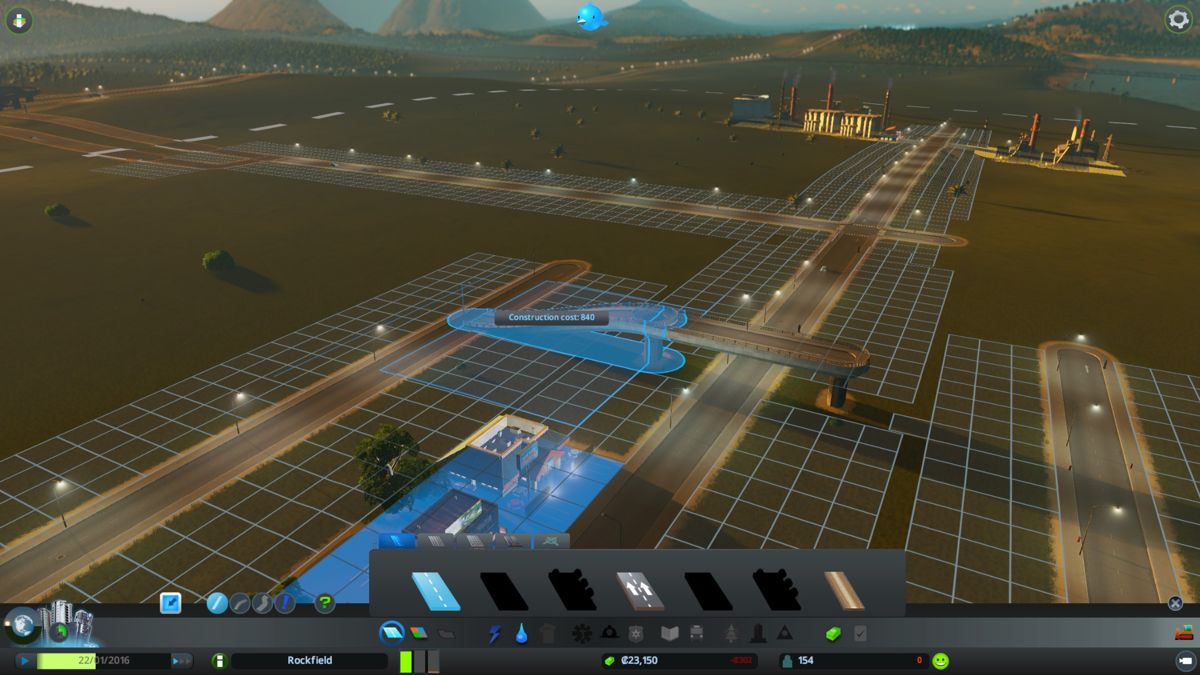 Cities: Skylines (Windows) screenshot: The sun is just rising and I'm already building a bridge!