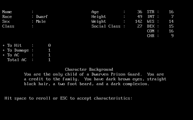 Moria (DOS) screenshot: Creating a character.