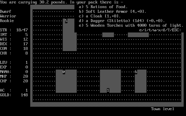 Moria (DOS) screenshot: Your inventory.