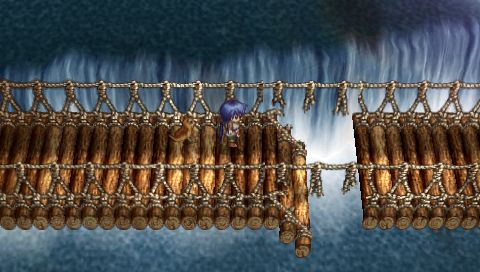 The Legend of Heroes II: Prophecy of the Moonlight Witch (PSP) screenshot: Broken bridge over waterfall