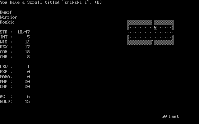 Moria (DOS) screenshot: Just entered a dungeon and found a scroll. I wonder what it's doing.