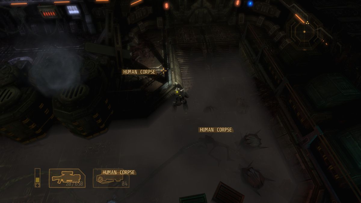 Alien Breed 3: Descent (Windows) screenshot: In game very good graphics. Very cool shadows and fog. Sounds and graphics creates a terrible and awful atmosphere in game. I like this.