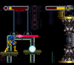 X-Men: Mutant Apocalypse (SNES) screenshot: Cyclops has to dodge the shots while trying to destroy the shields