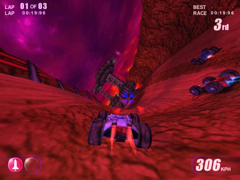 Rollcage (Windows) screenshot: racing on the red surface