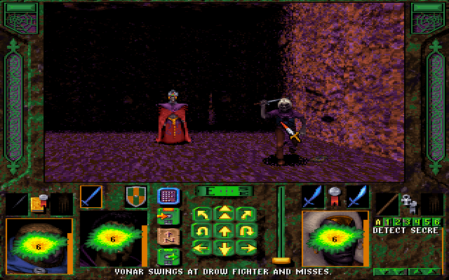 Menzoberranzan (DOS) screenshot: An evil drow fighter and a drow priestess