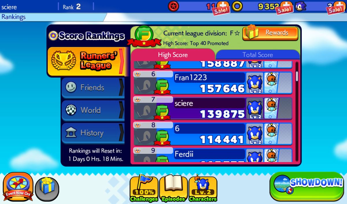 Sonic Runners (Android) screenshot: Leaderboards