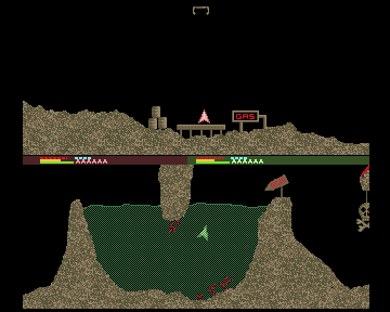 TurboRaketti (Amiga) screenshot: Likvidius: Red refuels while Green swims in acid