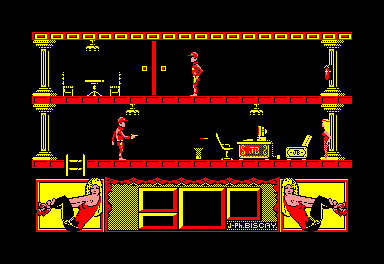 Mata Hari (Amstrad CPC) screenshot: You recently shot at the Guard, but he only wants to do the same...