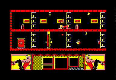 Mata Hari (Amstrad CPC) screenshot: Doggy-style pose allows you to avoid the flying droids...