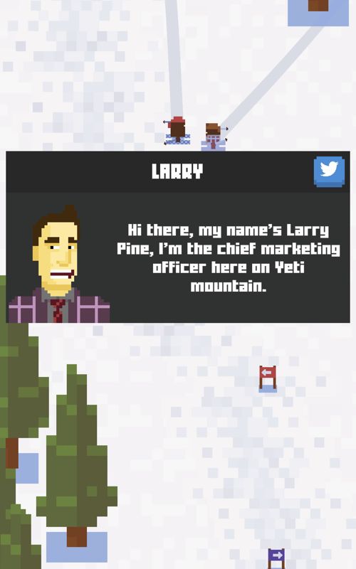 Skiing: Yeti Mountain (Android) screenshot: Larry the salesman will tell you all about promotions.