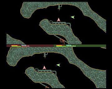 TurboRaketti (Amiga) screenshot: Ekolos: Green attacks Red at his base
