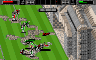 Brutal Sports Football (DOS) screenshot: Violent stop close to the goal. Note how the field gets damaged.