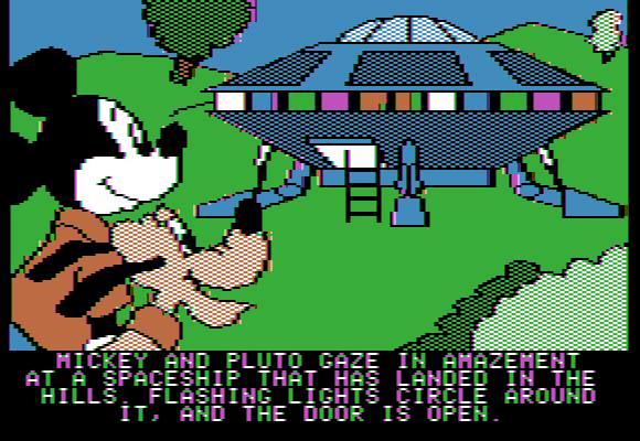 Mickey's Space Adventure (Apple II) screenshot: A peculiar Spaceship.