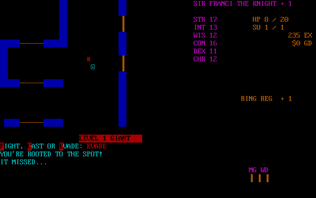 Heathkit DND (DOS) screenshot: Fighting a giant while being cursed...