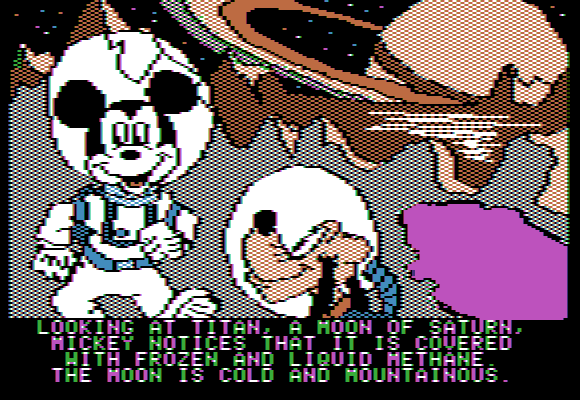 Mickey's Space Adventure (Apple II) screenshot: Explorers on Saturn!
