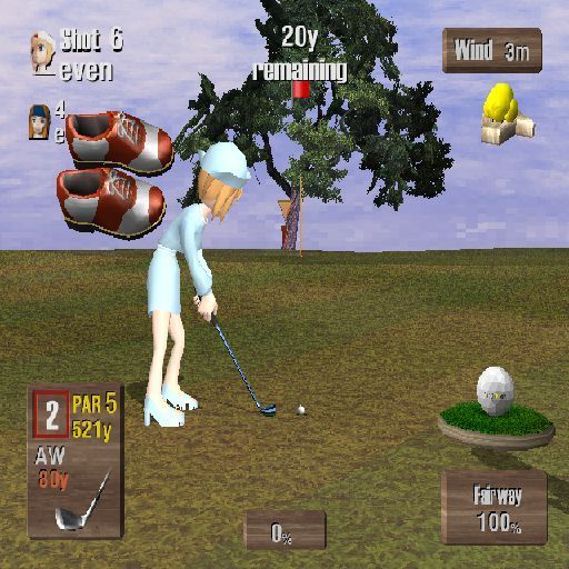 Mr. Golf (PlayStation 2) screenshot: L2/R2 adjust the player's stance<br>Are high heels and platforms really appropriate attire>