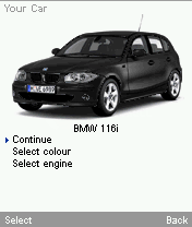 BMW 1 Series Challenge (J2ME) screenshot: Car selection screen