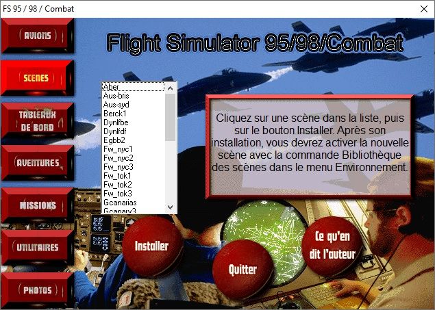 Nouveaux scénarios pour Microsoft Flight Simulator 95/98 et Combat (Windows) screenshot: Main interface of this CD-ROM. After pressing the "Scenes" button on the left, you can install sceneries