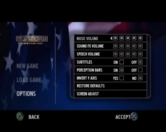 Pilot Down: Behind Enemy Lines (PlayStation 2) screenshot: The main menu showing the game configuration options