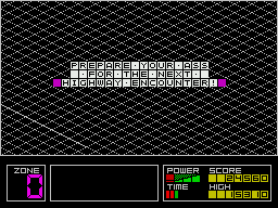 Highway Encounter (ZX Spectrum) screenshot: Prepare for the future adventures.