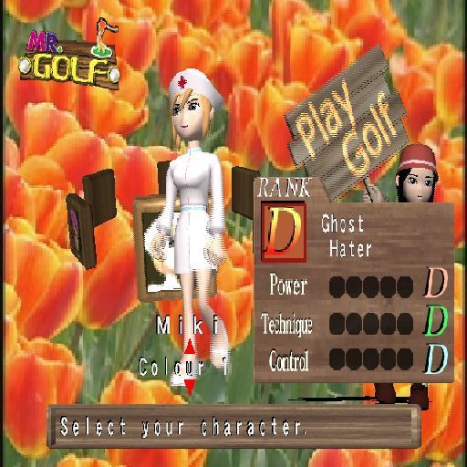 Mr. Golf (PlayStation 2) screenshot: Starting a game. The previous screen selected either stroke play or math play. This screen selects the character and changes the colour of their clothes