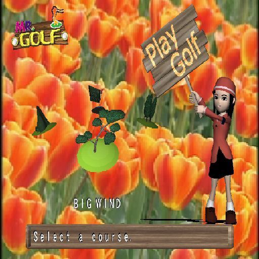 Mr. Golf (PlayStation 2) screenshot: Starting a match. The previous screen selected an opponent, this screen selects the course. Additional players and courses can be unlocked by winning matches