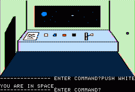 Hi-Res Adventure #0: Mission Asteroid (Apple II) screenshot: Cruisin' through space, pushin' buttons...