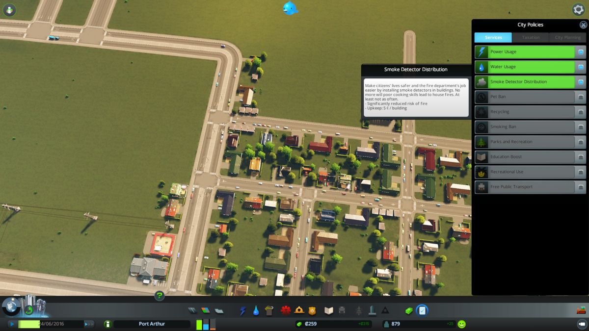 Cities: Skylines (Windows) screenshot: City policies let you influence the way the people in the city behave.