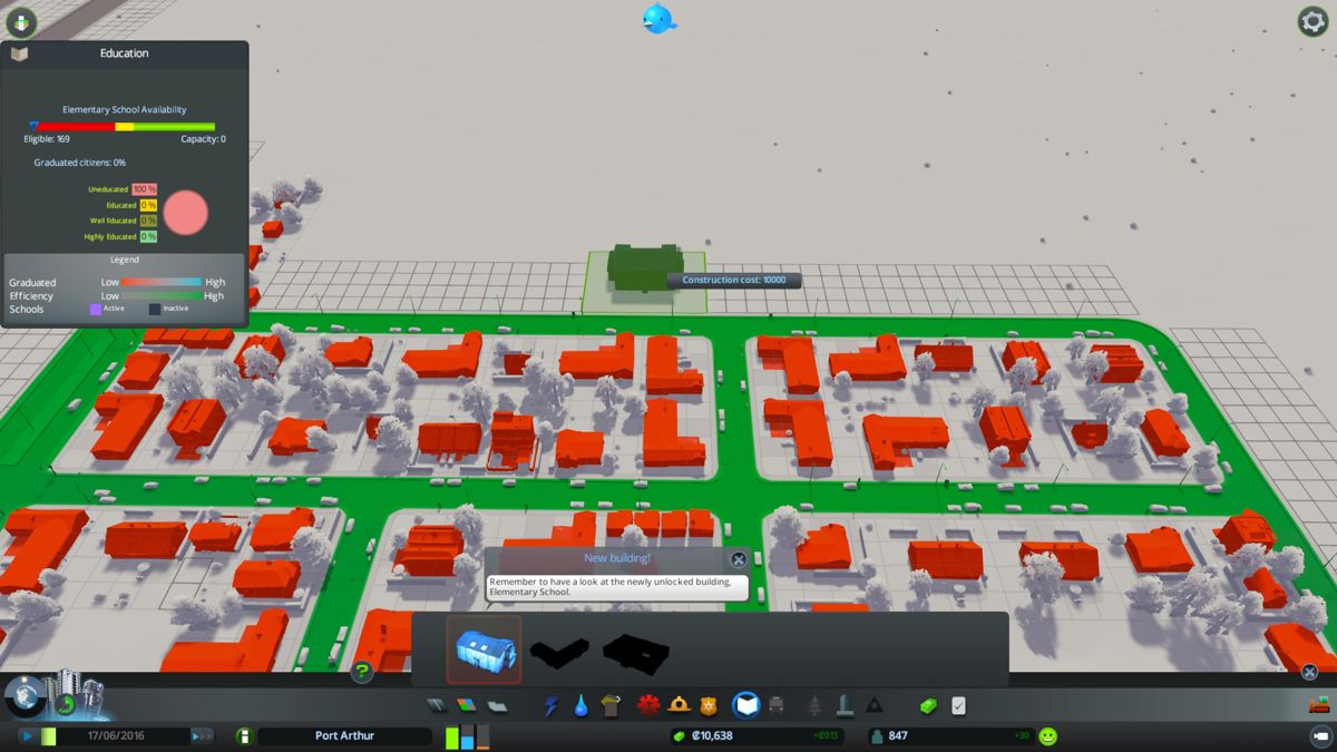 Cities: Skylines (Windows) screenshot: Building a first elementary school.
