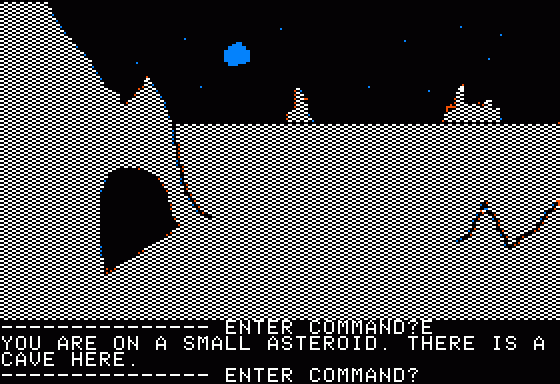 Hi-Res Adventure #0: Mission Asteroid (Apple II) screenshot: Oh, a cave. Shall we enter?