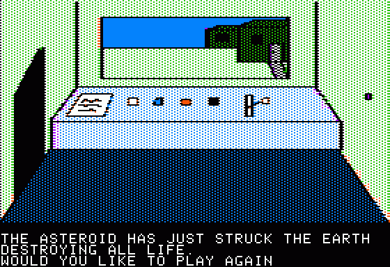 Hi-Res Adventure #0: Mission Asteroid (Apple II) screenshot: Back to earth... Oops! Should have set the timer to a shorter value...