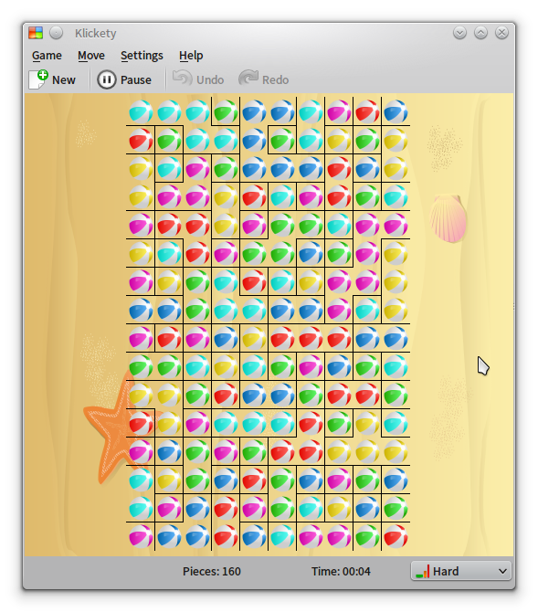 Klickety (Linux) screenshot: The highest difficulty with six colors shown in the third graphical theme