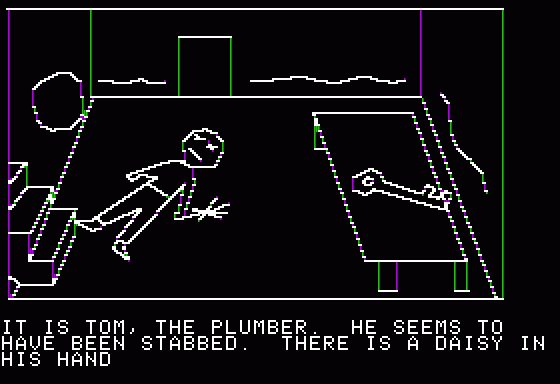 Hi-Res Adventure #1: Mystery House (Apple II) screenshot: My, another dead one. And some mighty big key, I must say.