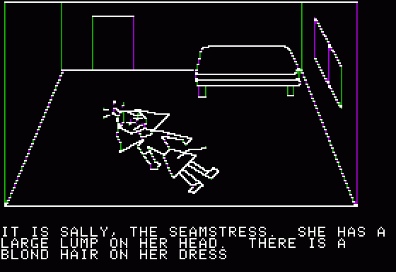 Hi-Res Adventure #1: Mystery House (Apple II) screenshot: Another corpse, with a clue this time.