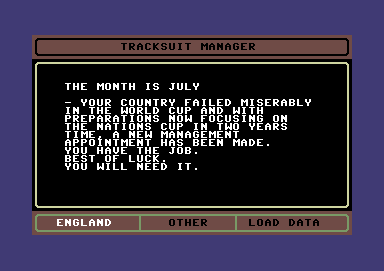 Tracksuit Manager (Commodore 64) screenshot: Title screen and opening story