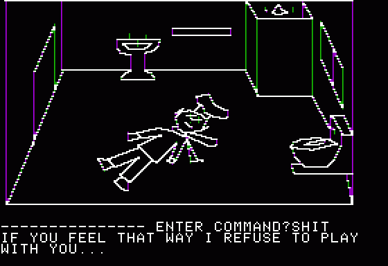 Hi-Res Adventure #1: Mystery House (Apple II) screenshot: Huh, the parser doesn't want you to say naughty words.