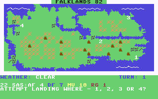 Falklands 82 (Commodore 64) screenshot: Select area for the landing troops