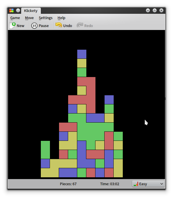 Klickety (Linux) screenshot: I am carefully planning how to remove the rest of the stones