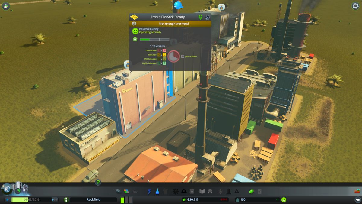 Cities: Skylines (Windows) screenshot: The Fish Stick factory needs more workers. Time for more residential zones.