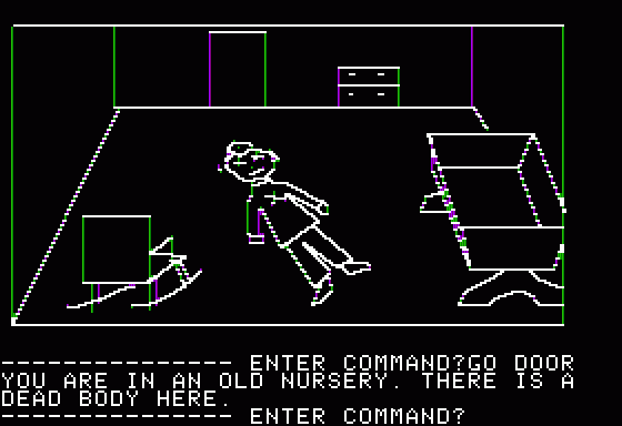 Hi-Res Adventure #1: Mystery House (Apple II) screenshot: Yet another dead body.