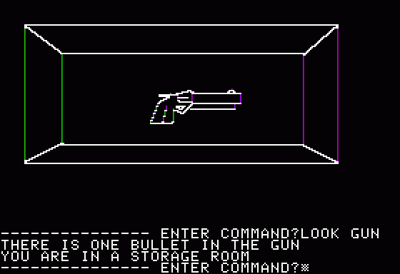 Hi-Res Adventure #1: Mystery House (Apple II) screenshot: Found a gun. Time for action!