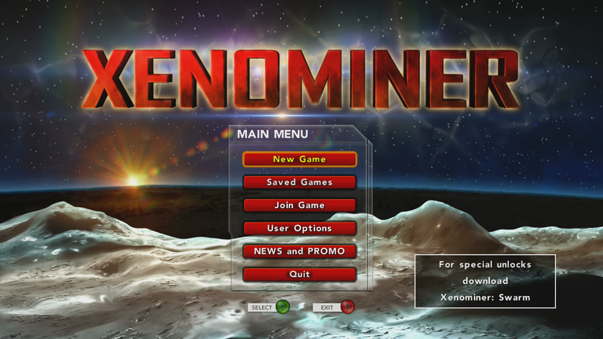 Xenominer (Xbox 360) screenshot: Main menu (Trial version)
