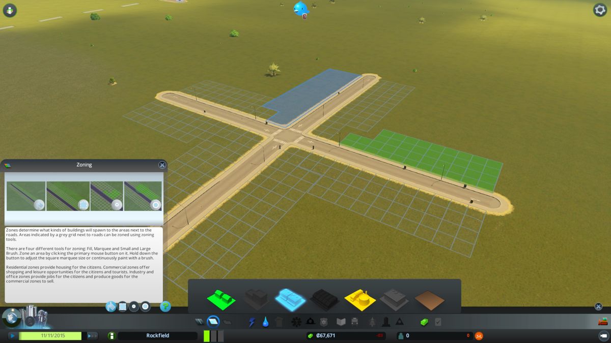 Cities: Skylines (Windows) screenshot: Zones can be either Residential, Commercial or Industrial. SimCity players will feel right at home.