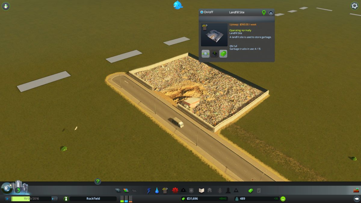 Cities: Skylines (Windows) screenshot: The landfill quickly becomes necessary to keep people happy.